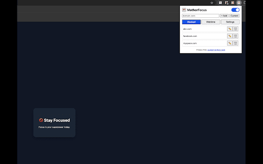 Blockme MotherFocus :: Lightweight, privacy-first site blocker + webtime tracker. Block distractions and protect deep focus.