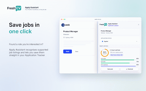 FreshCV Apply Assistant :: Save job ads to FreshCV, queue Smart Job Packs, and keep your job search organised.