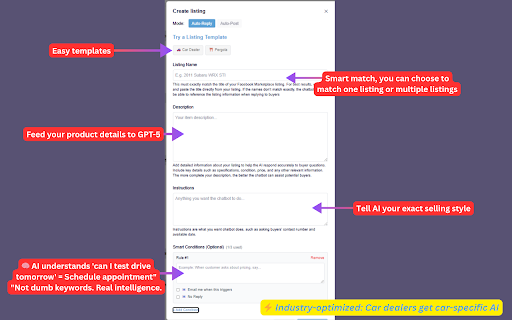 Facebook Marketplace AI Auto Reply - Close Deals While You Sleep :: Car dealers love it: GPT-5 AI that books test drives & qualifies buyers 24/7. Built-in inbox. Real intent AI. Closes real deals.