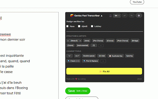 Genius Fast Transcriber + Lyric Card Maker :: The ultimate tool for Genius contributors. Custom buttons, smart tags, auto-corrections, and Lyric Card creation (FR/EN/PL).