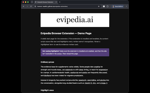 Evipedia :: Highlights health and longevity intervention terms on any web page with evidence review hover cards from evipedia.ai