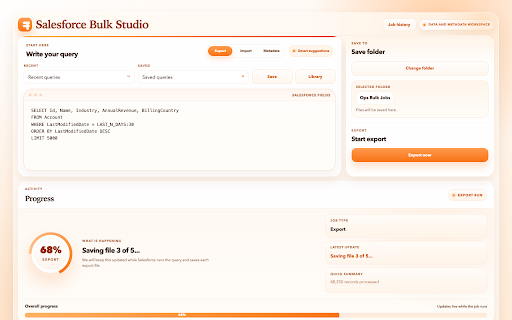 Salesforce Bulk Studio :: Import and export Salesforce data, retrieve or deploy metadata, and manage jobs from one workspace.