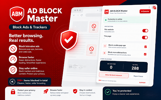 Ad Blocker Extension - Block Ads & Trackers :: Block common ads, trackers, popups and distracting page elements. Pause protection per site or page and block elements manually.