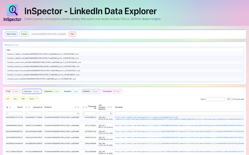 InSpector :: InSpector gives you full control of your LinkedIn content.
Export your own posts, comments, education, experience, followers, and…
