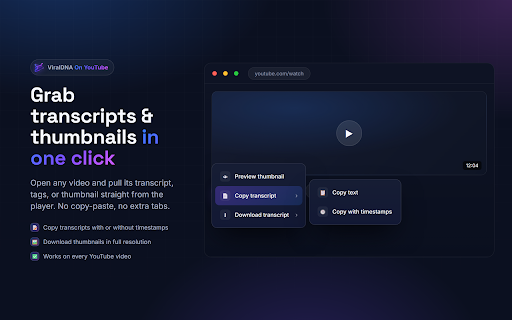 ViralDNA - YouTube Competitor Tools :: Download thumbnails, copy transcripts and tags, spot viral outlier videos, and run Pro content analysis. The ViralDNA.io extension.