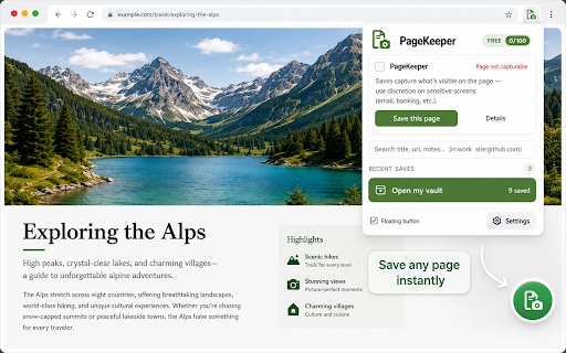 PageKeeper :: One green button, always within reach. Save any page as a bookmark, screenshot, or single-file HTML archive — all stored locally.