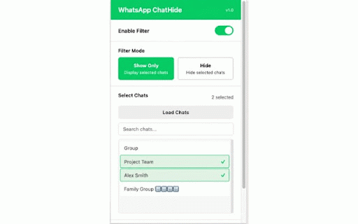 WhatsApp ChatHide :: Hide or show specific chats on WhatsApp Web for privacy and focus during screen sharing.