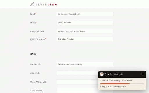 Reach Autofill :: Fills job application forms in your own browser with your Reach profile, tailored resume and answers. You review and submit.