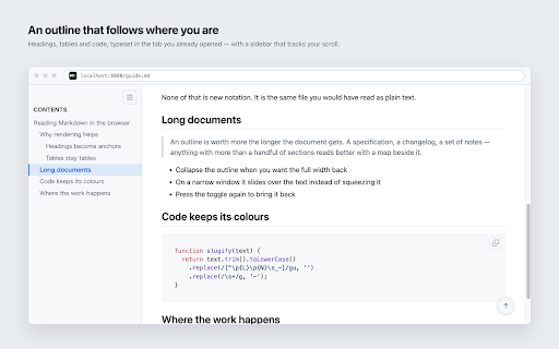 Markdown Viewer :: Renders local and hosted Markdown files in GitHub style, with a one-click toggle between preview and source.