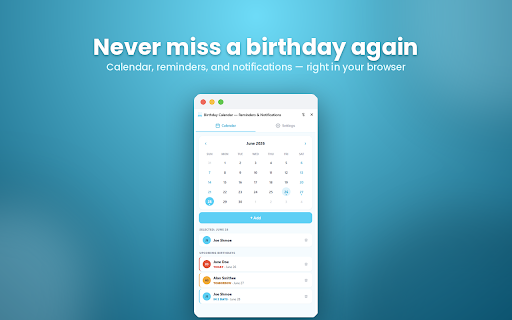 Birthday Calendar — Reminders & Notifications :: Birthday calendar with automatic reminder notifications. Track upcoming birthdays and never miss a birthday again.