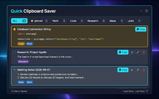 Quick Clipboard Saver :: Save, pin, tag, and manage text snippets from anywhere on the web.