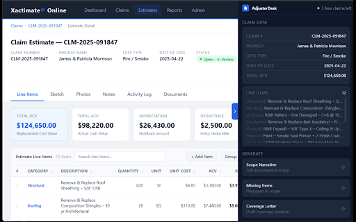 AdjusterDesk – AI Scope Writer :: AI-powered scope narratives, missing-item flags, and coverage letters for desk adjusters.