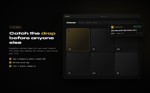 DepopAlert — New Listing Notifier :: Get instant desktop alerts when new Depop listings match your search. Never miss vintage, streetwear, or rare fashion drops again.