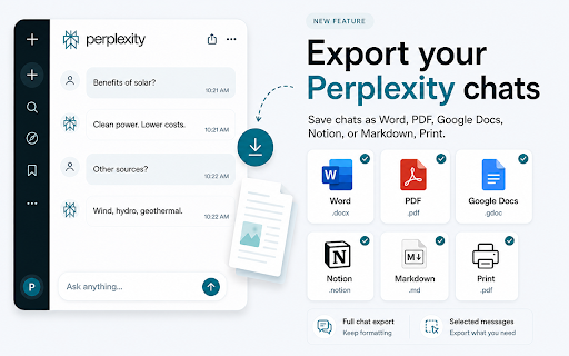 Chat Exporter for Perplexity — Notion, Word, PDF, Docs, Markdown, Print :: Save Perplexity chats to Notion, Word, PDF, Docs, Markdown, or Print in one click. Export full conversations or selected messages.