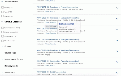 WashU Workday Helper :: Show RMP info when hovering over prof names & offers automatic clicker to streamline course selections.