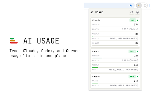 AI Usage :: Track Claude, Codex, and Cursor usage limits in one place