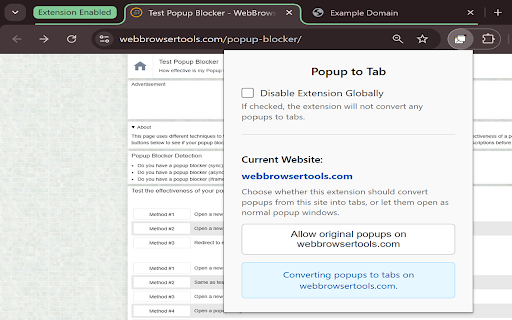 Open Pop-ups in Tabs :: Opens pop-ups in new tabs instead of windows. Allows disabling the extension for specific websites or globally.
