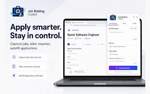 Job Bidding Copilot :: Capture jobs, autofill applications, and sync with your Job Bidding Copilot workspace.