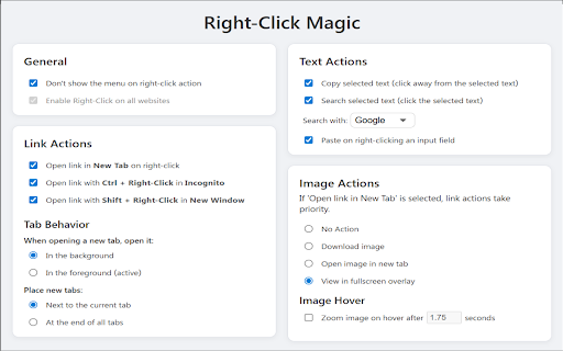 Right-Click Magic: Open Tabs, View or Download Images, Hover Zoom, Search :: Your custom right-click rules. Open links, view or download hi-res images, zoom on hover, search selected text, copy text & paste.