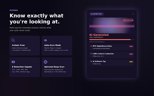 AI Image Detector :: Detect AI-generated images instantly. Auto-scans pages for Midjourney, DALL-E, Stable Diffusion & more via metadata.
