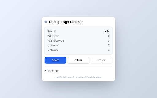 Debug Logs Catcher :: Internal Enreach tool: capture WebSocket, console, network, and environment metadata from a tab. Export gzipped JSON.
