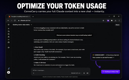 ConvoCarry – Claude Conversation Summary :: Claude forgetting earlier context? Summarize & continue in a fresh chat instantly. Full context, sharper responses. 10 free/day.
