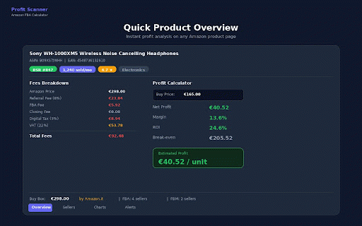 Profit Scanner - Amazon FBA Calculator :: FBA profit calculator: live stock per seller, BuyBox & ROI across 15 Amazon markets. Free, no signup needed.