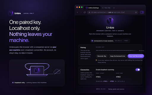 Umbra - Browser Control for AI Agents :: Give a local agent scripted control of tabs it owns in your signed-in Chrome. No focus theft. Requires a local companion server.