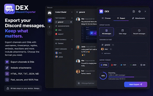DEX: Export Discord messages, channels & attachments :: Export Discord messages to HTML, PDF, TXT, JSON or Markdown. View and download all attachments.
