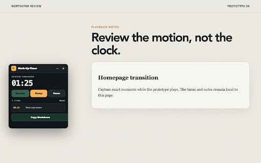 Mark-Up-Timer - Markdown Timestamp Stopwatch :: Capture timestamped review notes on any page and copy a clean Markdown checklist. State stays local.