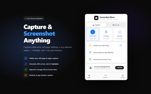 Screenshot Capture & Share — Save to Google Drive :: Capture full page, visible area, desktop or window screenshots. Upload to Google Drive, copy share links, share by email. Free.
