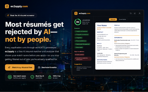 ec2apply Resume Job Matcher & Analyzer :: Free AI resume matcher & analyzer. Match to a job: reads this page's job description and tailors your resume at ec2apply.com.