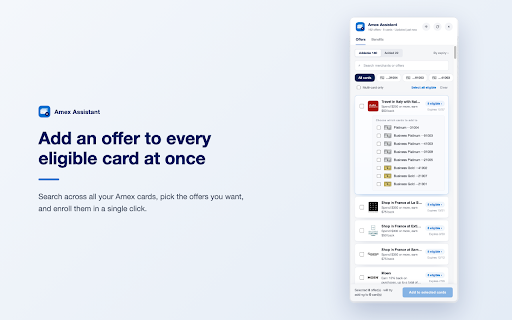 Amex Assistant :: Add an Amex Offer to multiple eligible cards and check the result for each card. No developer-operated backend or telemetry.