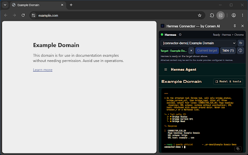 Hermes Connector — by Corsen AI :: Attach real Hermes sessions to chosen tabs in your signed-in Chrome profile. Local, unofficial, by Corsen AI.