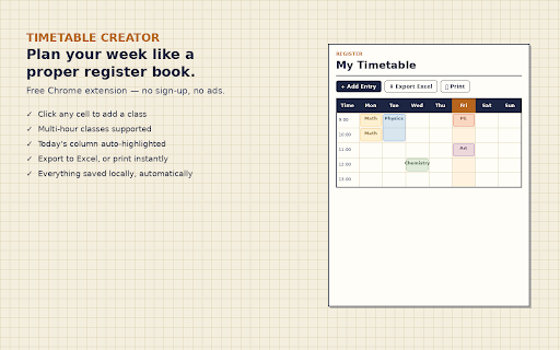 Timetable Creator :: Apna weekly class/work timetable banaye aur save karein, seedha browser se.