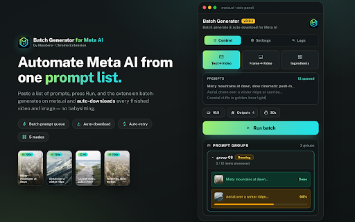 Batch Generator & Auto Download for Meta AI :: Automate Meta AI — batch generate & auto download AI videos and images on meta.ai. Bulk prompt queue, auto retry, auto save.