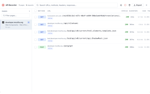 API Recorder :: Record, inspect, and export network API calls organized by page. Full request/response capture with Postman export.