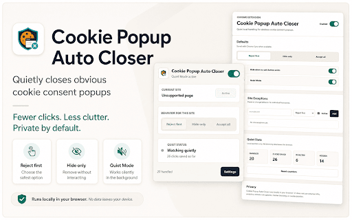 Cookie Popup Auto Closer :: Quietly rejects or removes obvious cookie consent popups while you browse.