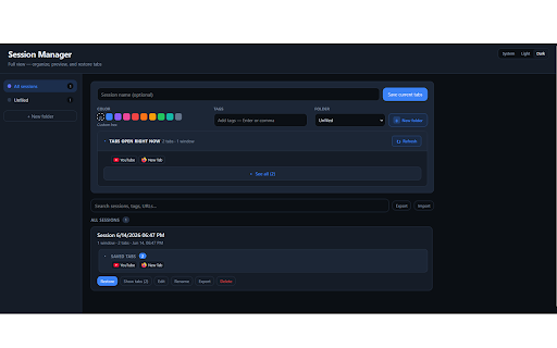 Session Manager :: Save, restore, and organize your browser tab sessions across windows.
