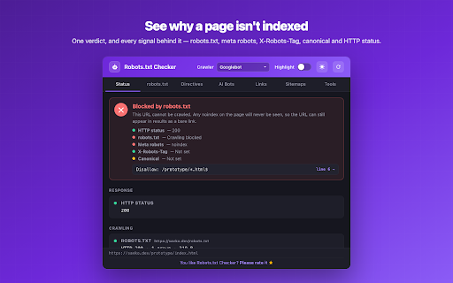 Robots.txt Checker — Indexability & AI Crawler Rules :: Check robots.txt, meta robots, X-Robots-Tag and AI crawler access (GPTBot, ClaudeBot, Google-Extended) for any URL.