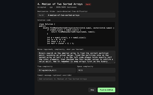 LeetCommit :: Push accepted LeetCode solutions straight to a GitHub repo, with your own notes attached.