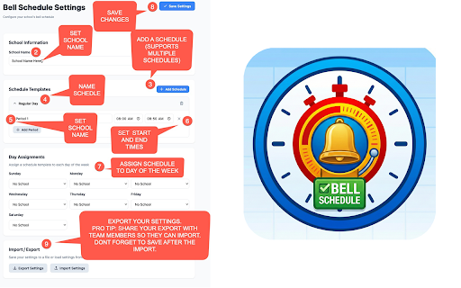 Bell Schedule :: Replace your new tab with a customizable school bell schedule. Track current period, time remaining, and upcoming classes.