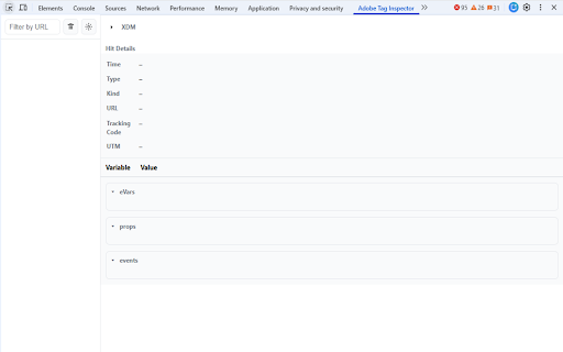Adobe Tag Inspector :: DevTools panel for capturing Adobe Analytics hits (AppMeasurement/Web SDK). Master–detail UI, newest-first list, empty values shown.