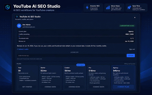 YouTube AI SEO Studio :: Generate titles, descriptions, tags, and thumbnails directly inside YouTube Studio.