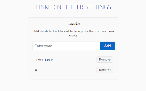 ext-linkedin-helper :: This extension removes unwanted posts from your LinkedIn feed by filtering out posts containing blacklisted words. It ensures that…