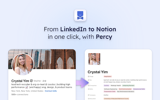 Percy - Save People to Notion :: Save LinkedIn profiles to Notion in 1 click, with Percy - your smart prospecting assistant.