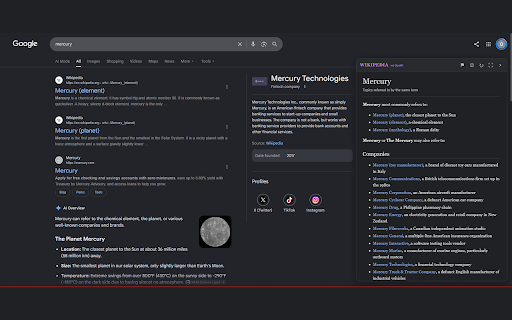 GooWi :: Adds Wikipedia beside Google Search with View in GooWi, Back, History, reading mode, Random Article, Wikirace, and link lookup.