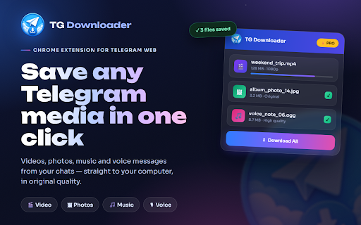 Telegram Video Downloader - Save Videos, Photos & Music :: Save videos, photos & music from your Telegram chats and channels for offline use. Batch download, ZIP export and chat export.