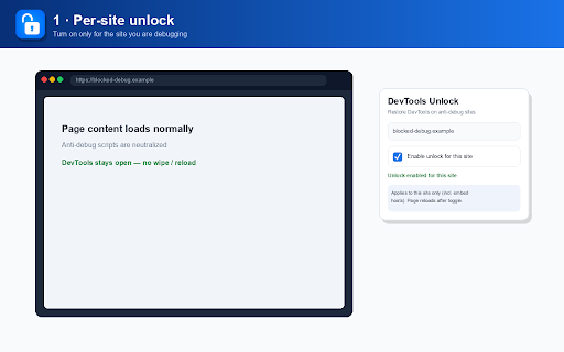DevTools Unlock Open :: Open-source unlock for sites that block DevTools (e.g. disable-devtool): stop reloads, wipes, and detection.