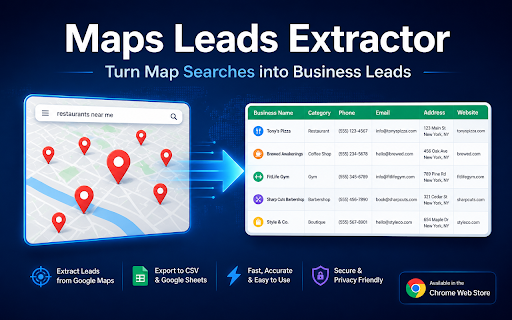 Maps Leads Extractor :: Map scraper and leads extractor for business listings. Extract emails, phones, websites, addresses, coordinates, and social links.
